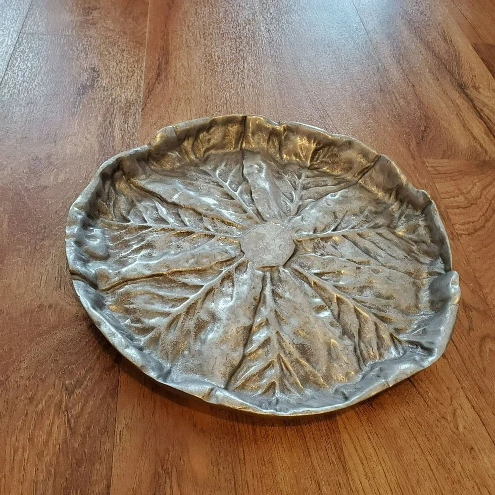 Vintage Pewter Cabbage Platter, Leaf Serving Tray, 13